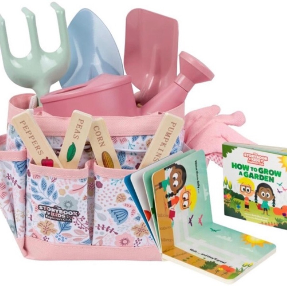 StoryBook-Kids Gardening tools Set Includes Sturdy Tote Bag Many Pieces +Book